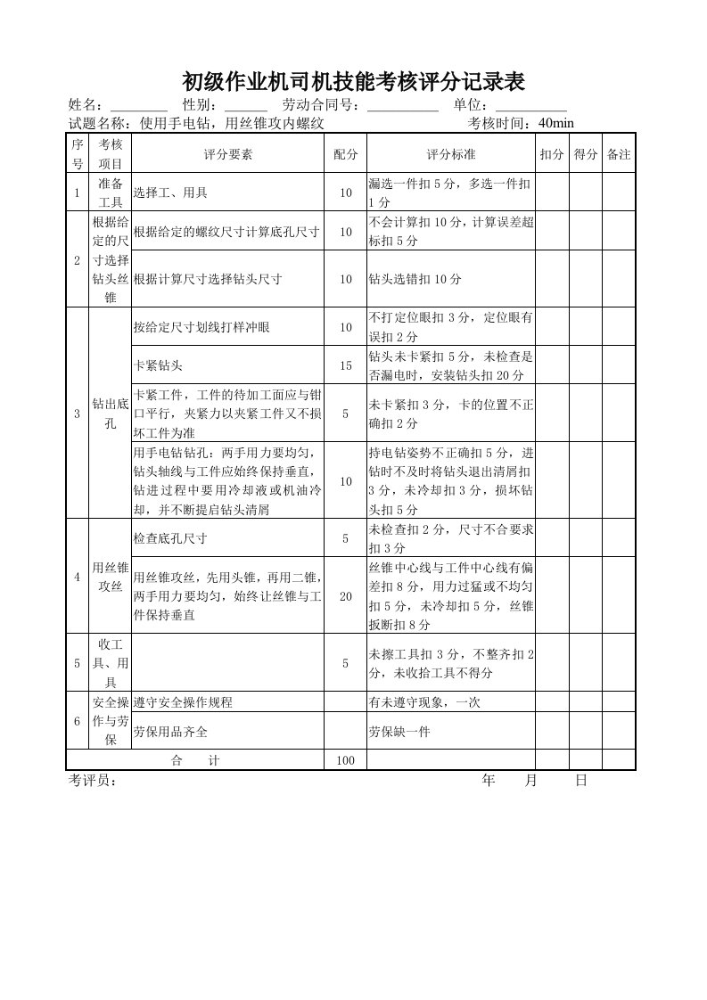 石油行业技能鉴定作业机司机工技能考核评分记录表