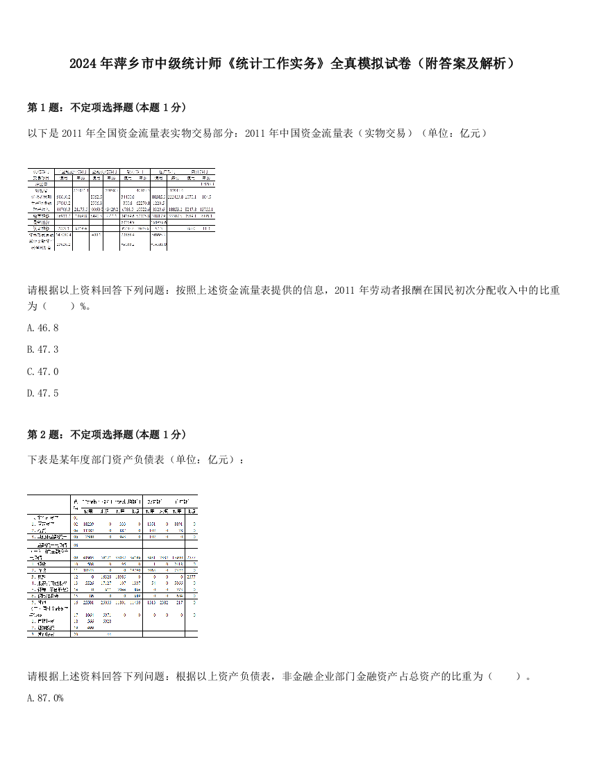 2024年萍乡市中级统计师《统计工作实务》全真模拟试卷（附答案及解析）