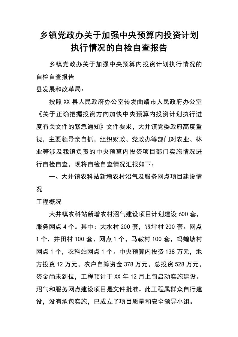 乡镇党政办关于加强中央预算内投资计划执行情况的自检自查报告