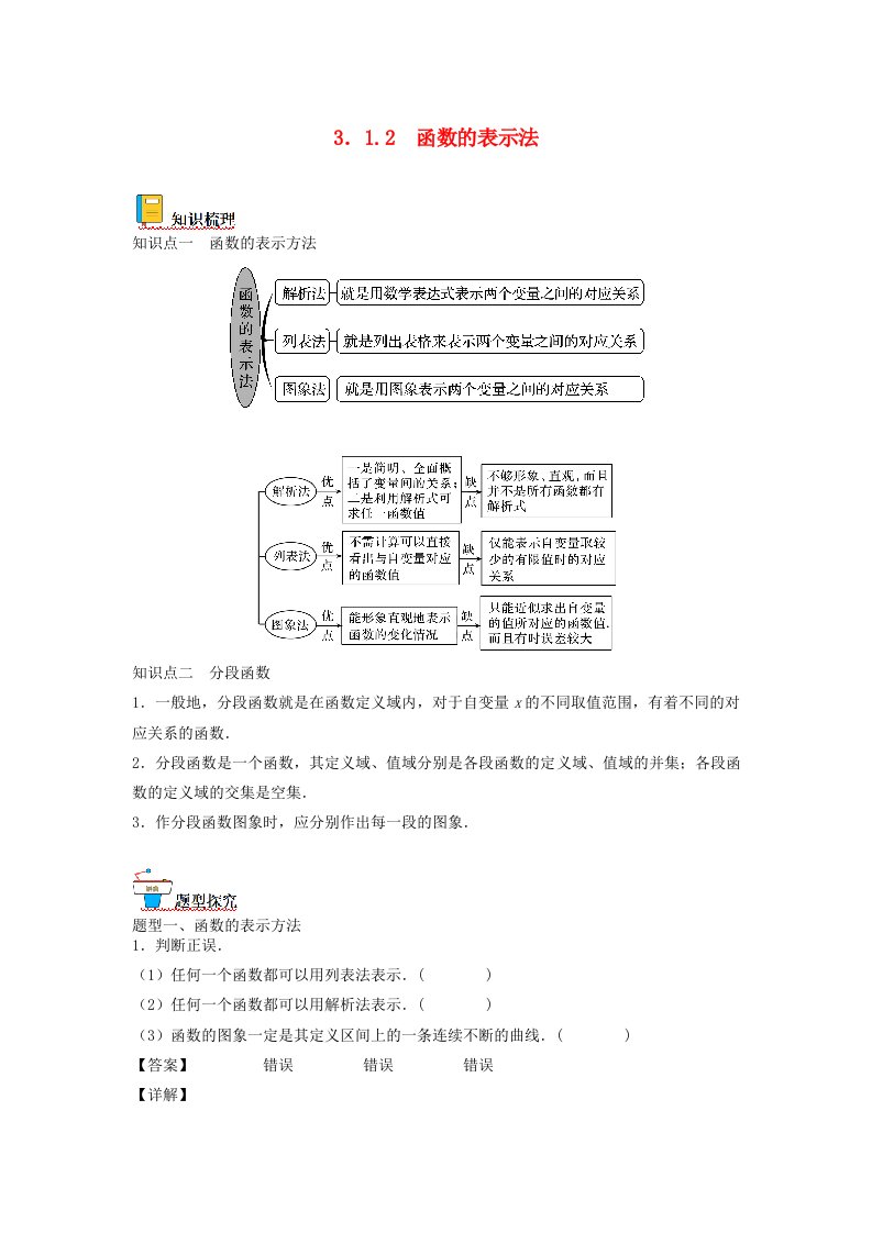 2023高一数学暑假精讲精练3.1.2函数的表示法新人教A版