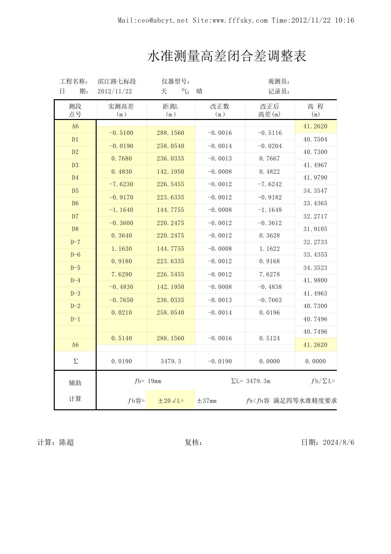 水准测量高差闭合差自动计算表