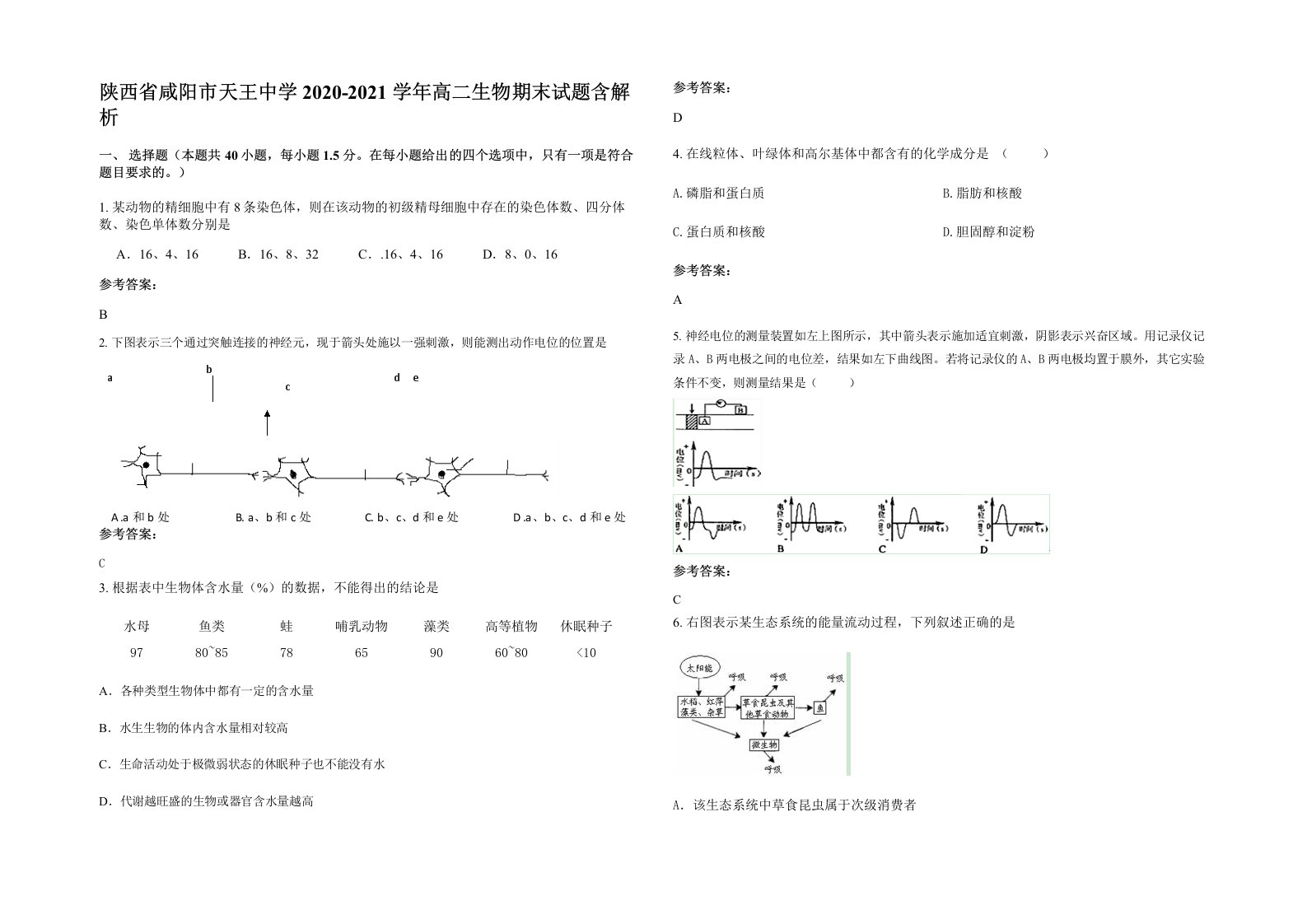 陕西省咸阳市天王中学2020-2021学年高二生物期末试题含解析