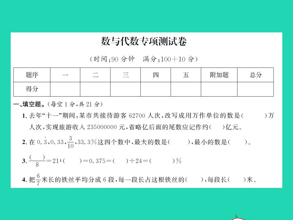 2022春六年级数学下册数与代数专项测试卷习题课件苏教版