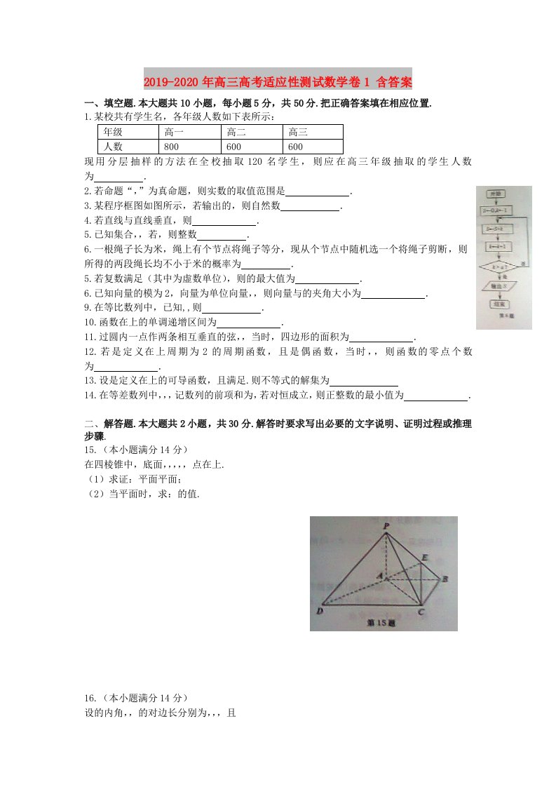 2019-2020年高三高考适应性测试数学卷1