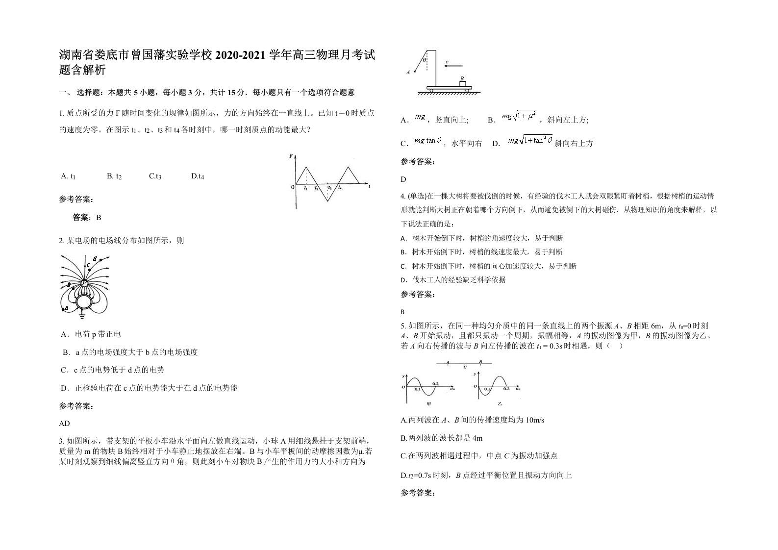 湖南省娄底市曾国藩实验学校2020-2021学年高三物理月考试题含解析