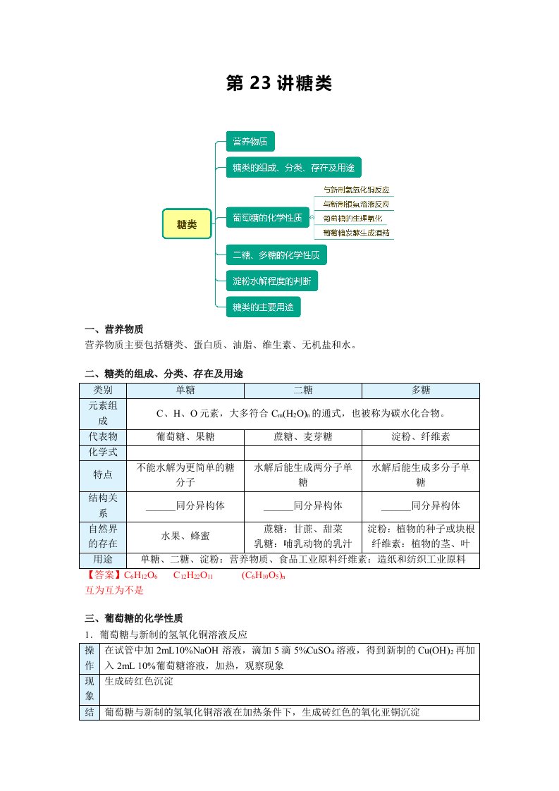 高一化学新人教版同步精讲必修2第23讲糖类