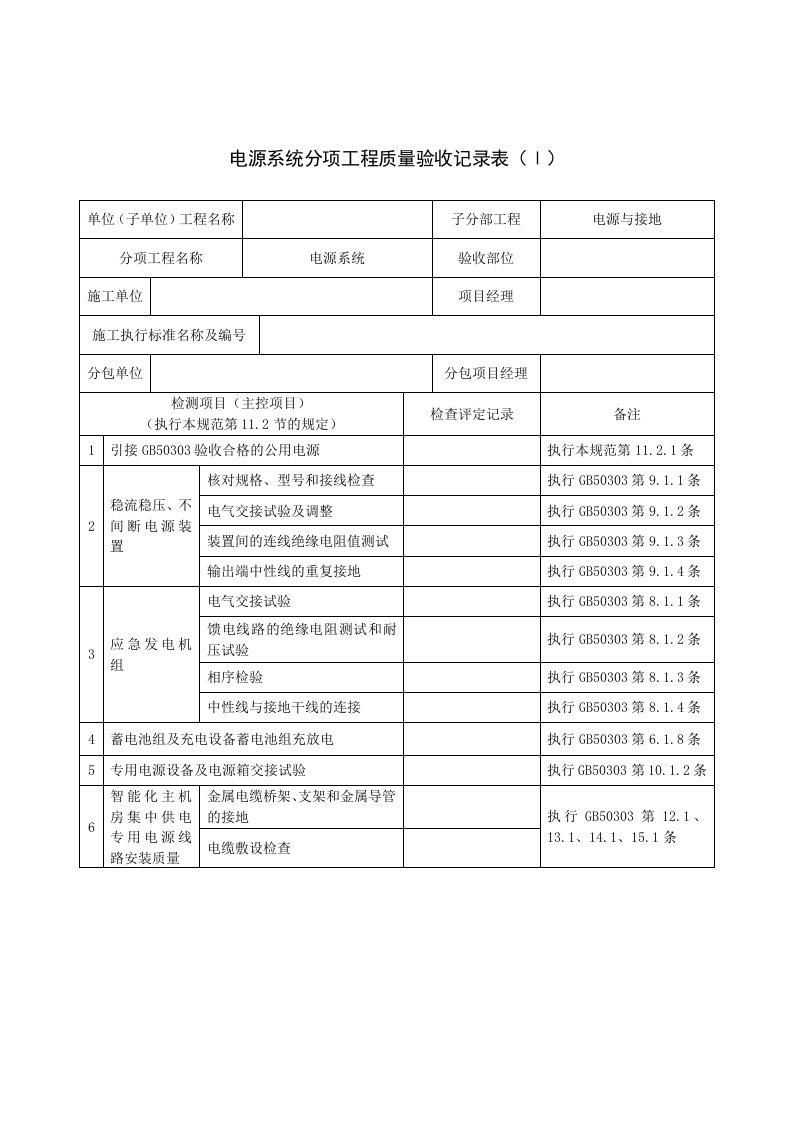 电源系统分项工程质量验收记录表(Ⅰ)