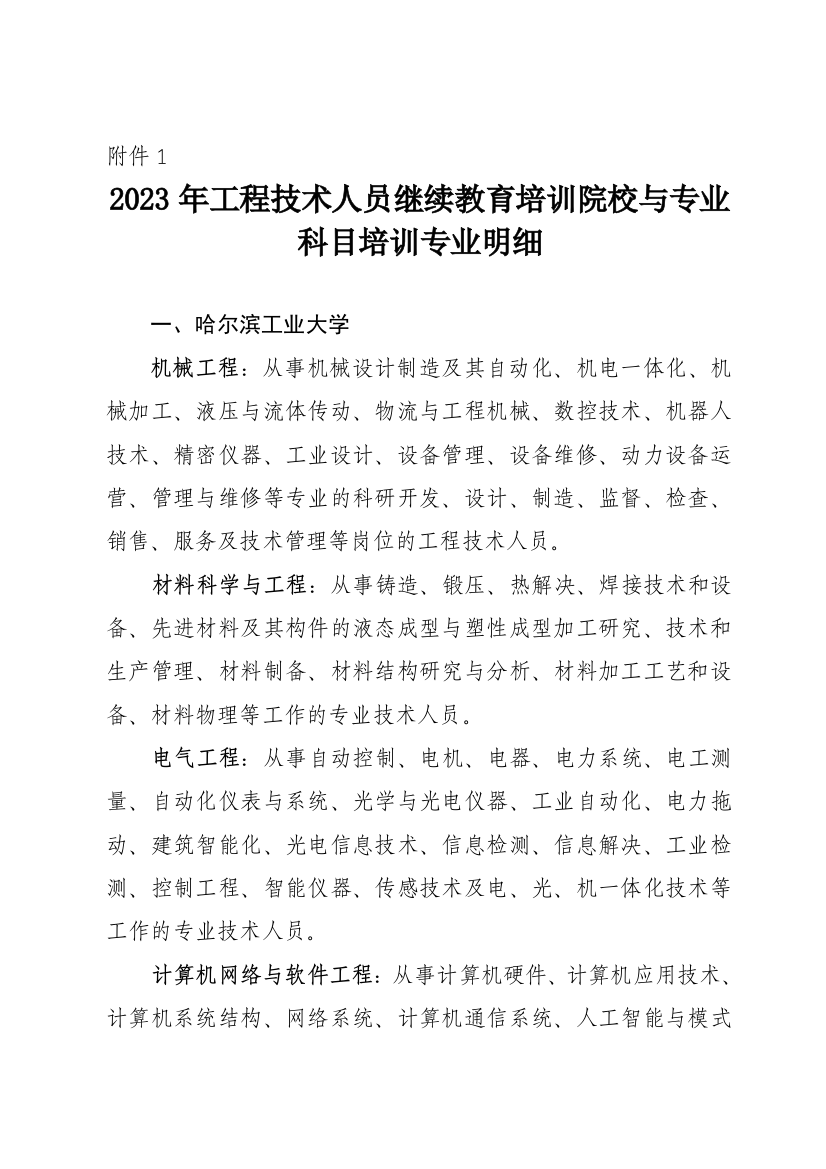 哈尔滨市年工程技术人员继续教育培训院校与专业科目培训专业明细