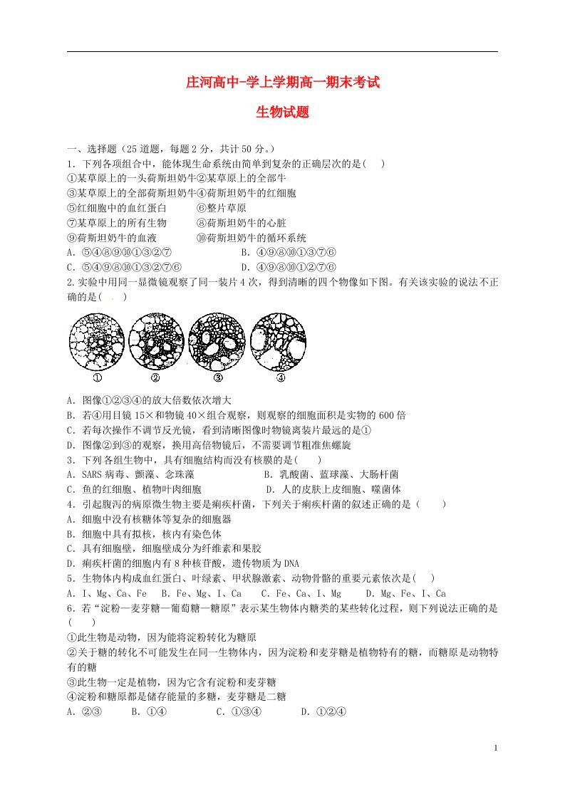 辽宁省庄河市高级中学高一生物上学期期末考试试题