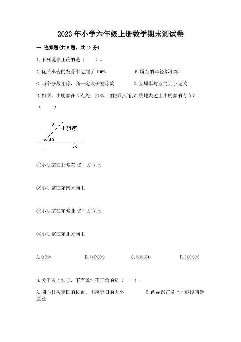 2023年小学六年级上册数学期末测试卷精选