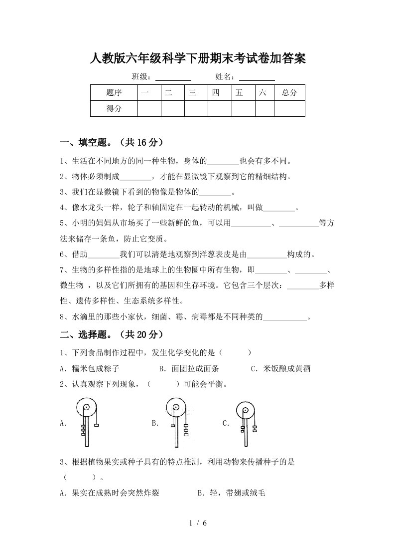 人教版六年级科学下册期末考试卷加答案