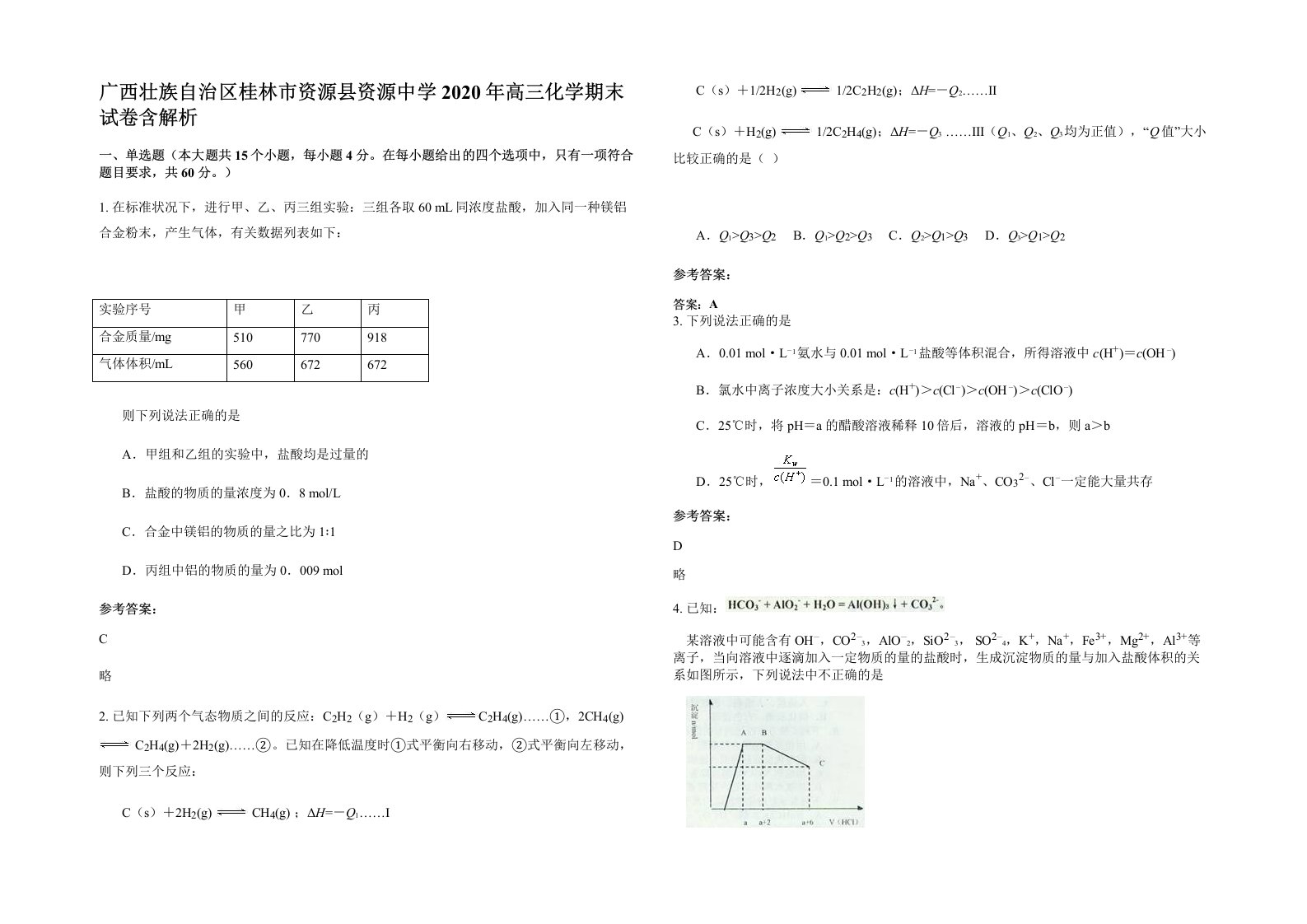 广西壮族自治区桂林市资源县资源中学2020年高三化学期末试卷含解析