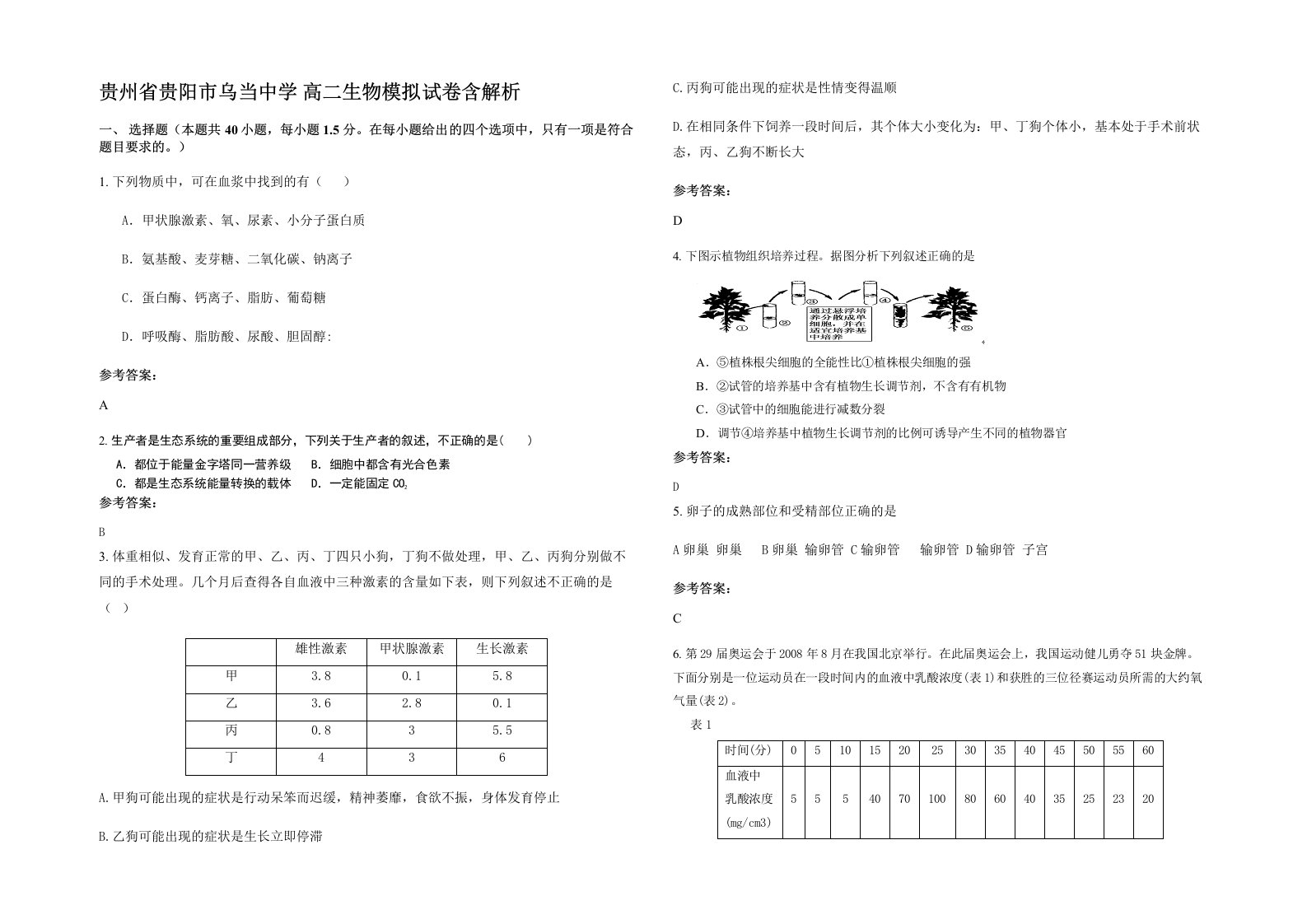 贵州省贵阳市乌当中学高二生物模拟试卷含解析