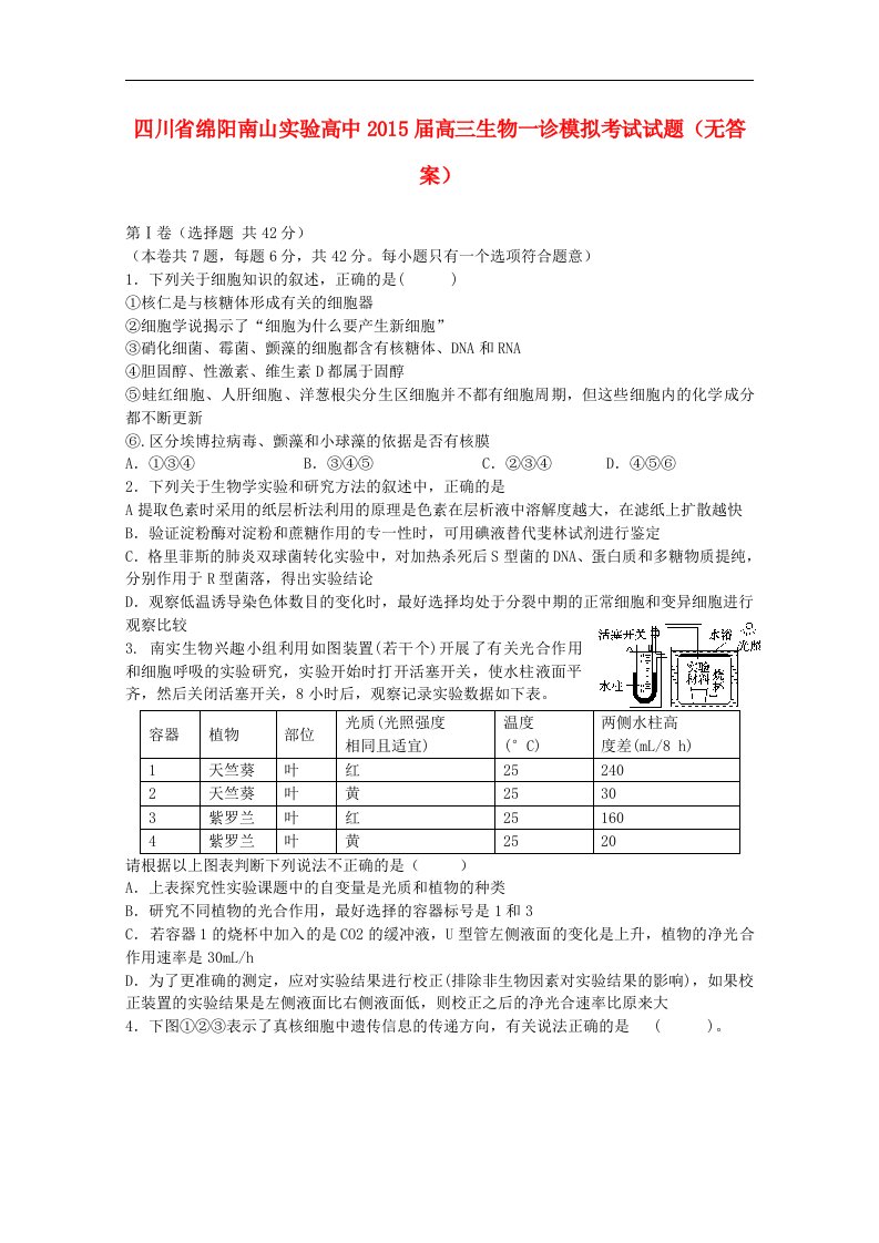 四川省绵阳南山实验高中高三生物一诊模拟考试试题（无答案）