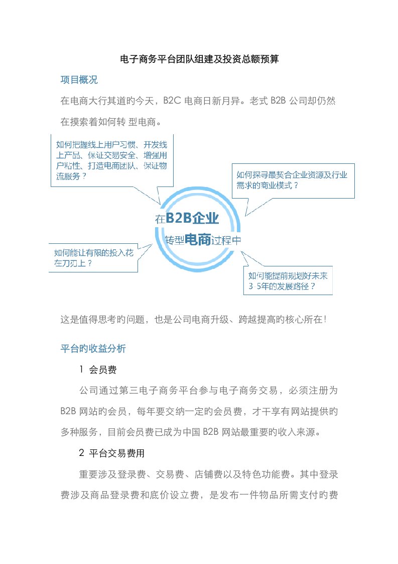 电子商务平台团队组建及投资总额具体预算