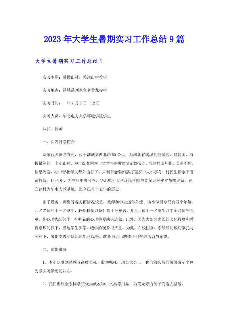 2023年大学生暑期实习工作总结9篇