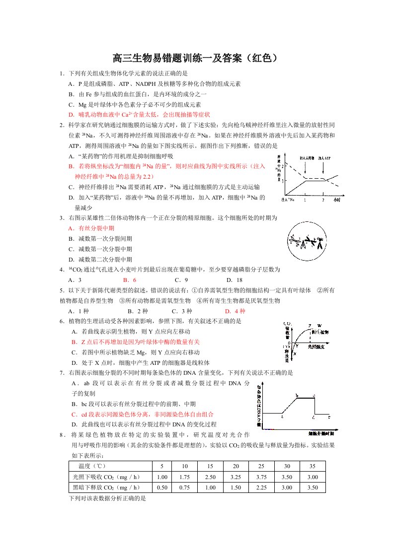 高三生物易错题训练一及答案