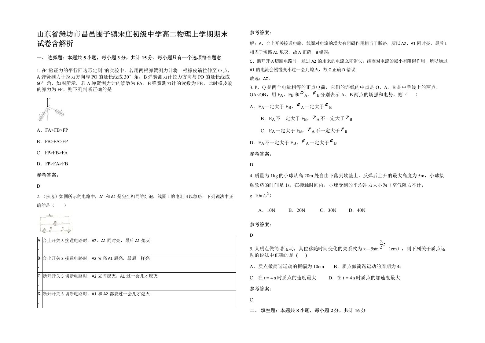 山东省潍坊市昌邑围子镇宋庄初级中学高二物理上学期期末试卷含解析