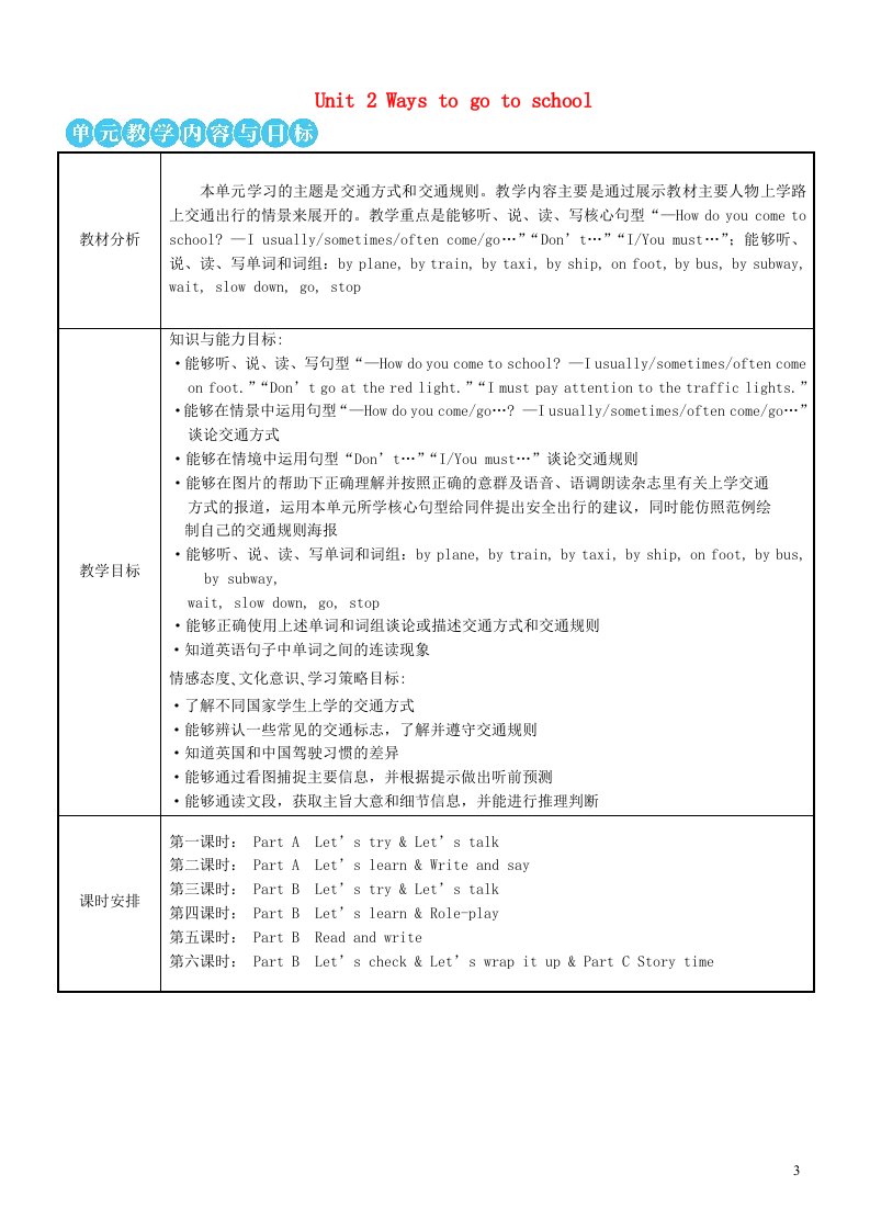 六年级英语上册Unit2Waystogotoschool第一课时教案人教PEP版