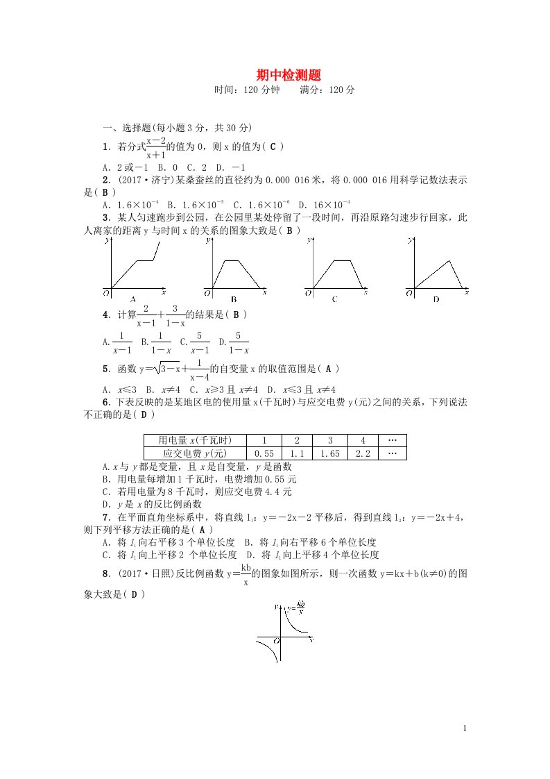 八年级数学下学期期中检测题新版华东师大版