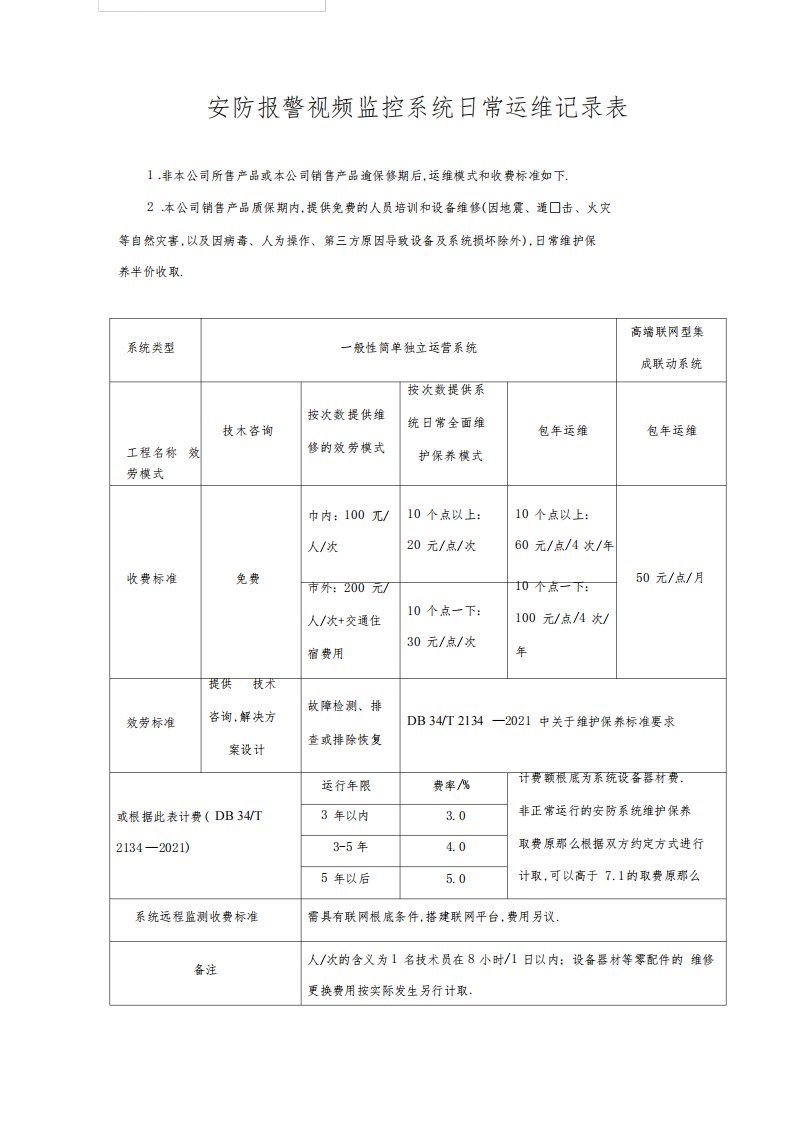 安防监控系统维护收费标准及检测报告表格