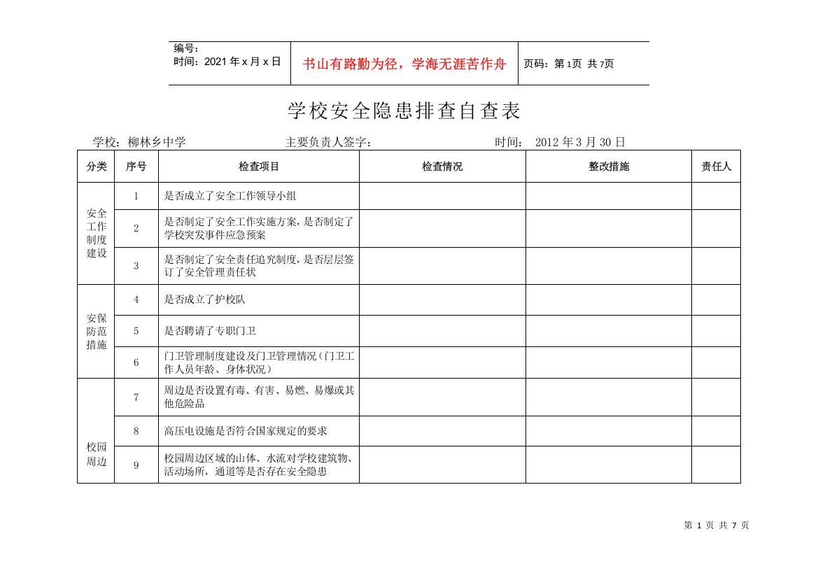 安全隐患排查自查表