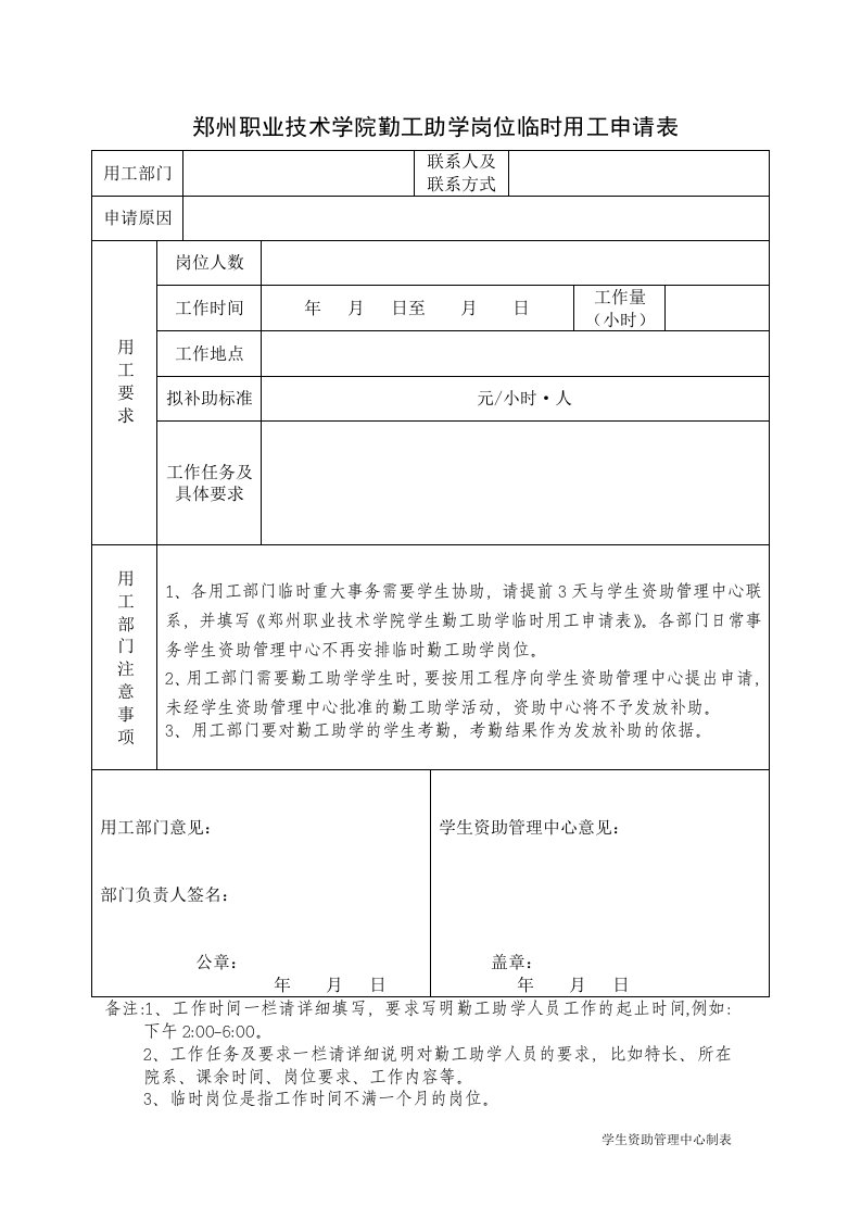 郑州职业技术学院勤工助学岗位临时用工申请表