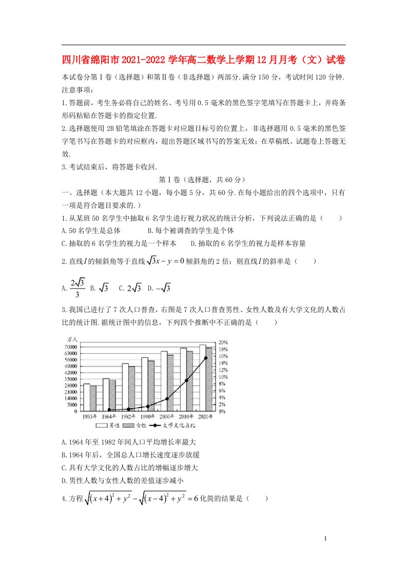 四川省绵阳市2021_2022学年高二数学上学期12月月考文试卷