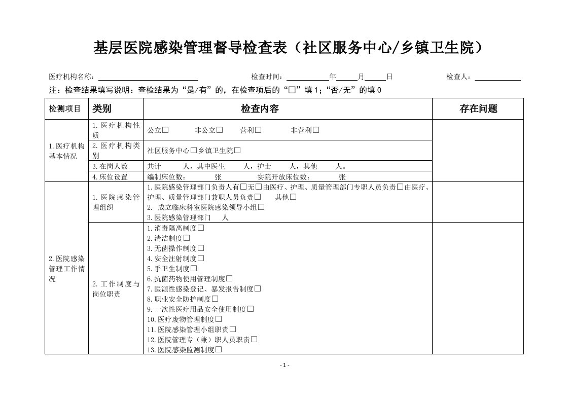 医院感染管理督导表