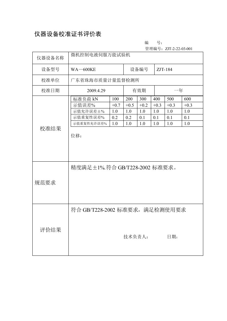 校准证书评价表