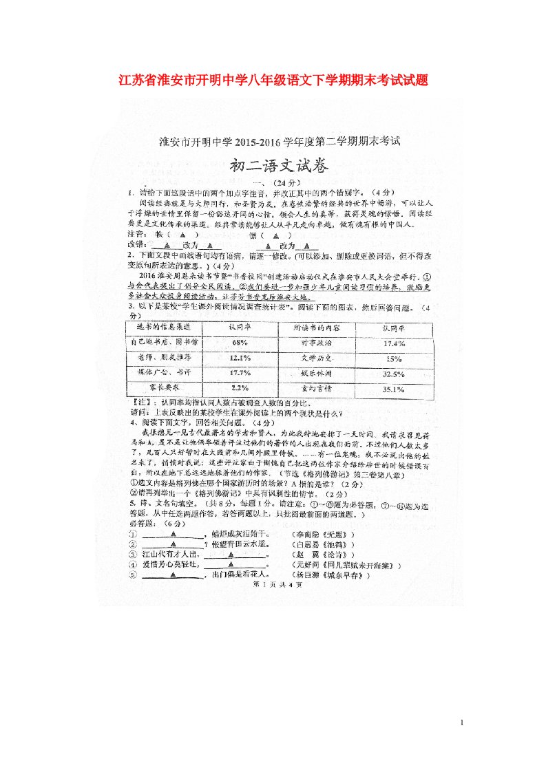 江苏省淮安市开明中学八级语文下学期期末考试试题（扫描版）