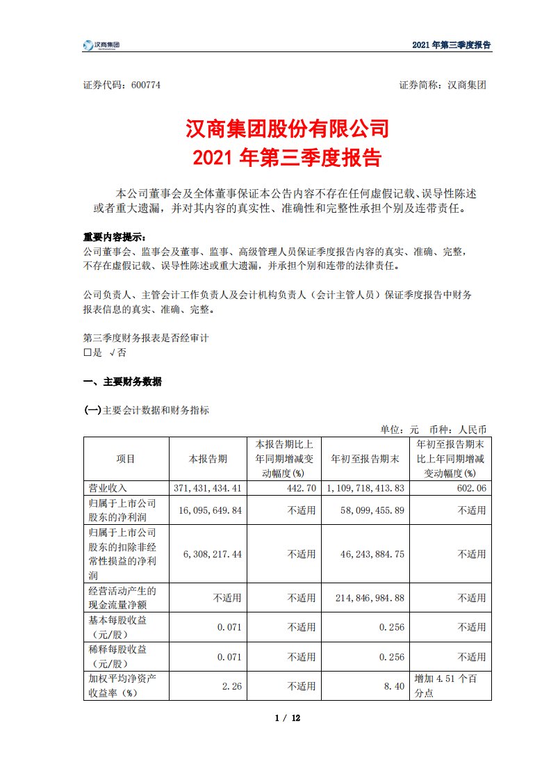 上交所-汉商集团2021年第三季度报告-20211029