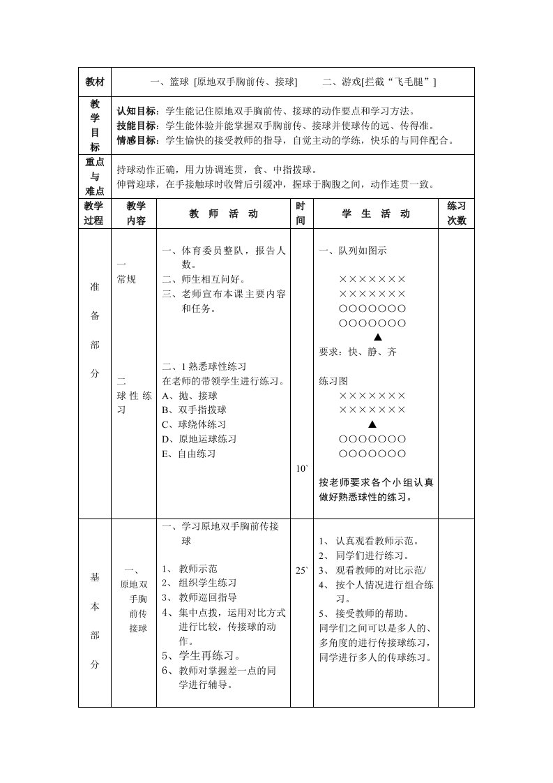 初中篮球传接球教案