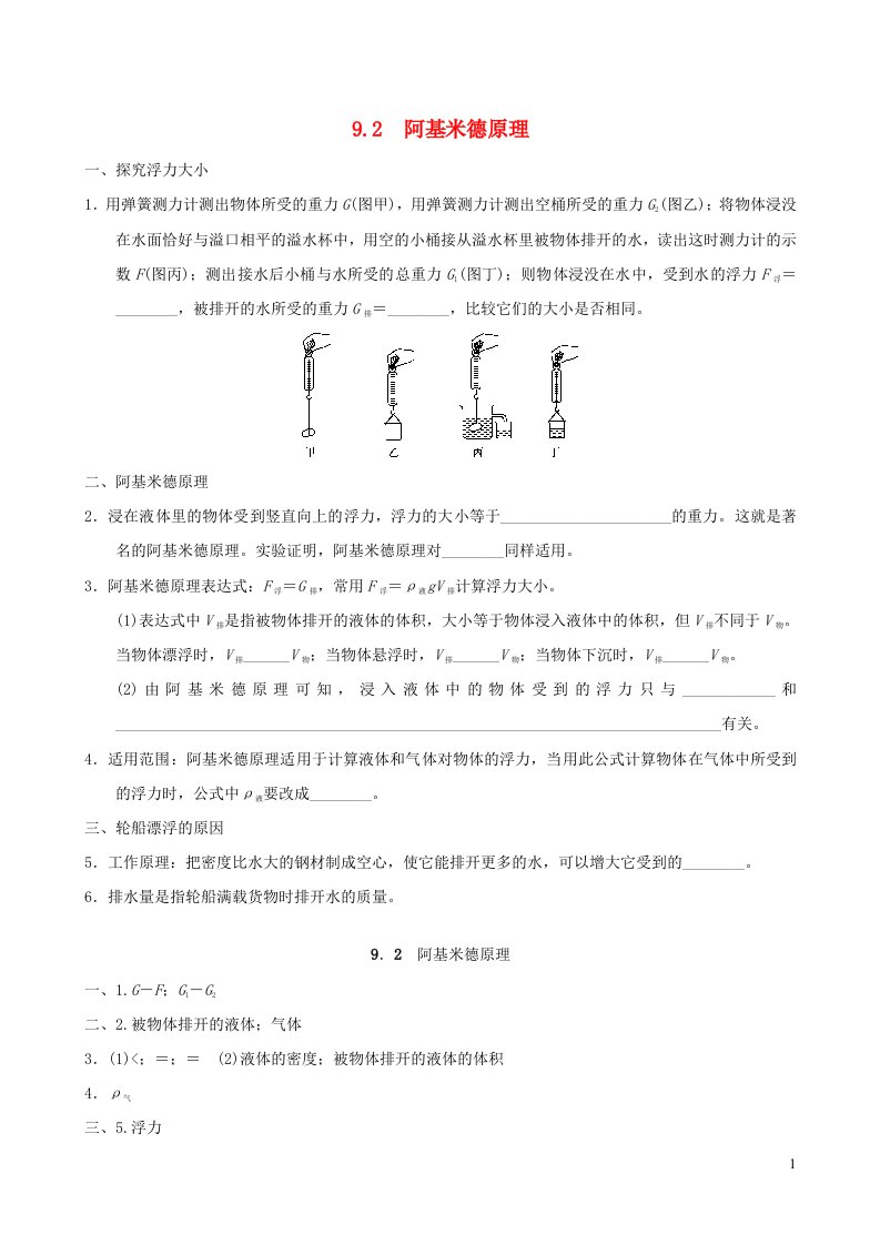 安徽专版2022八年级物理下册第九章浮力与升力9.2阿基米德原理背记手册新版粤教沪版