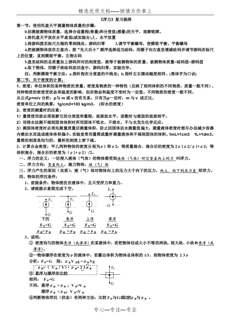 八年级物理浮力复习知识点、题型整理及答案(共10页)