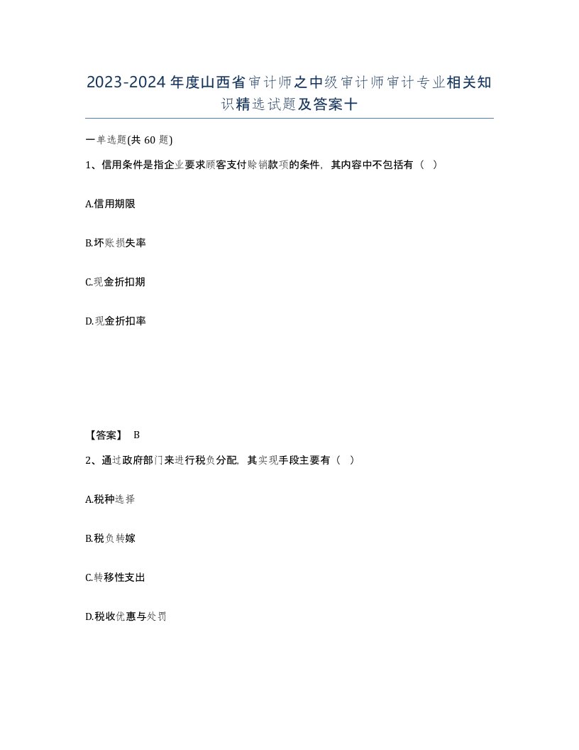 2023-2024年度山西省审计师之中级审计师审计专业相关知识试题及答案十