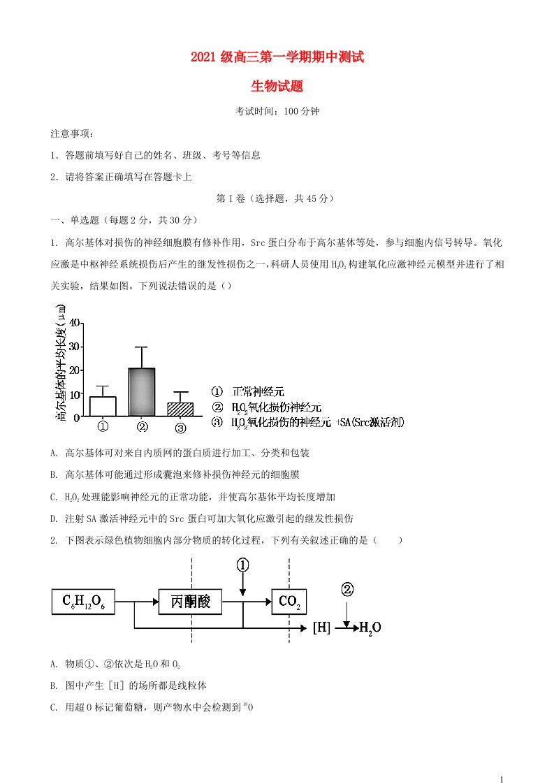 山东省聊城市2023_2024学年高三生物上学期期中试题含解析