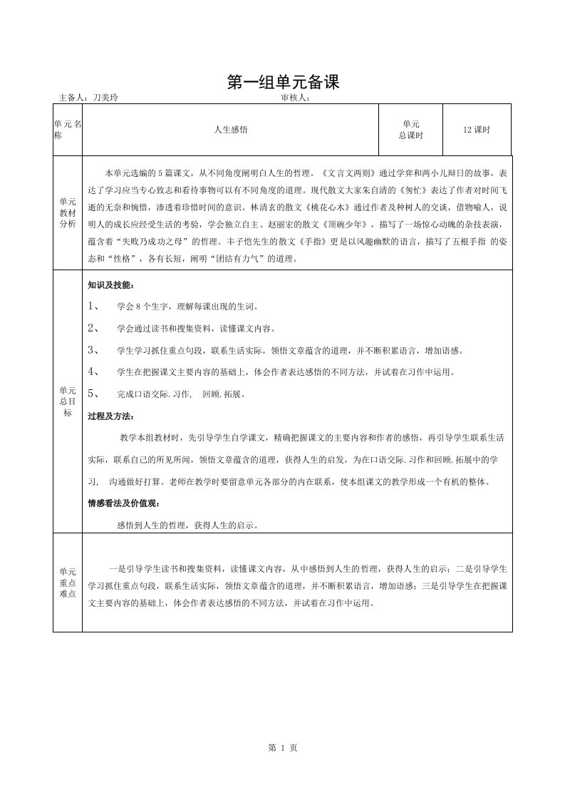 小学六年级语文下册集体备课教案