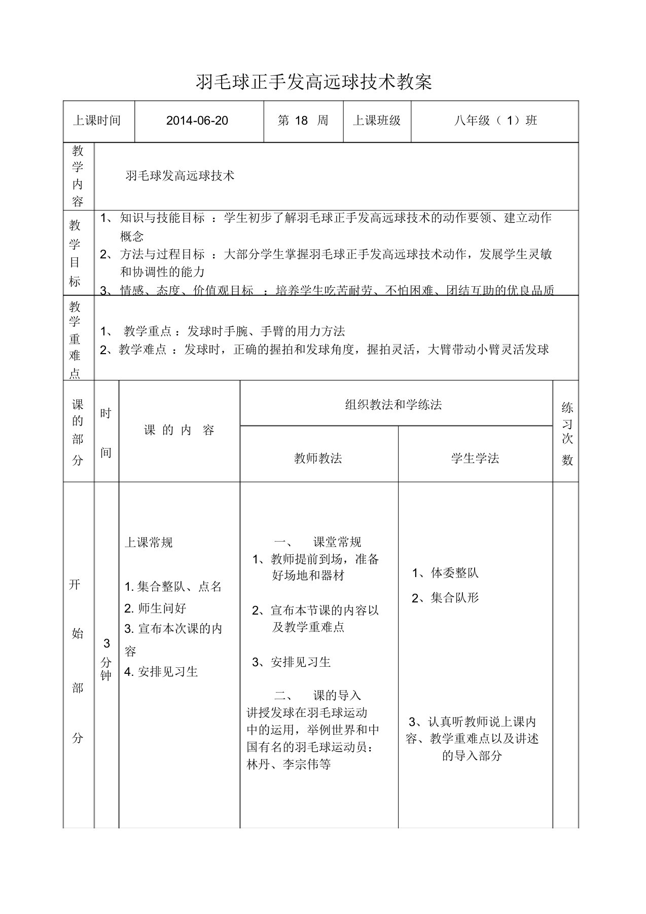 (完整版)羽毛球正手发高远球技术教案