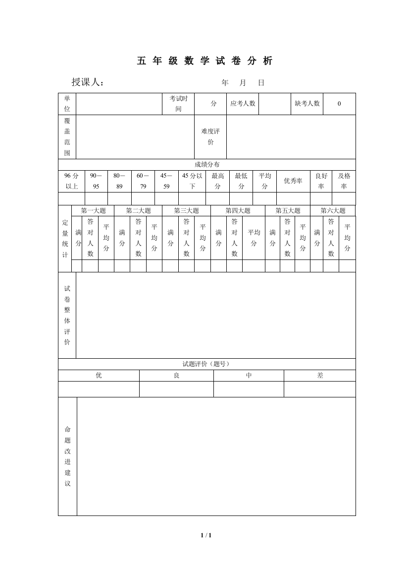 小学数学试卷分析表梁汉山