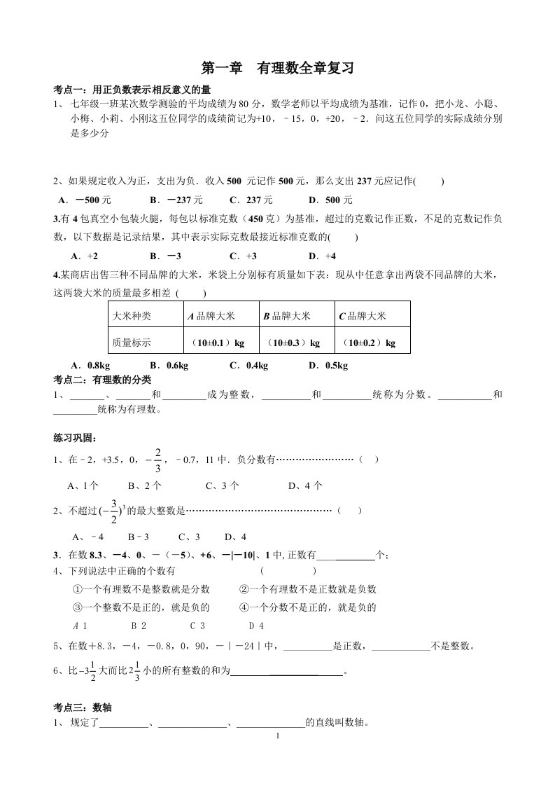 有理数全章复习(按知识点分类复习)