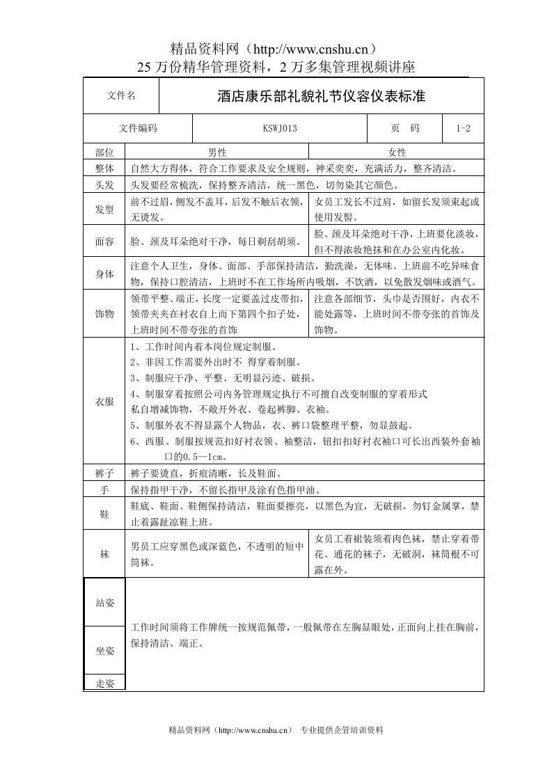 酒店康乐部礼貌礼节仪容仪表标准