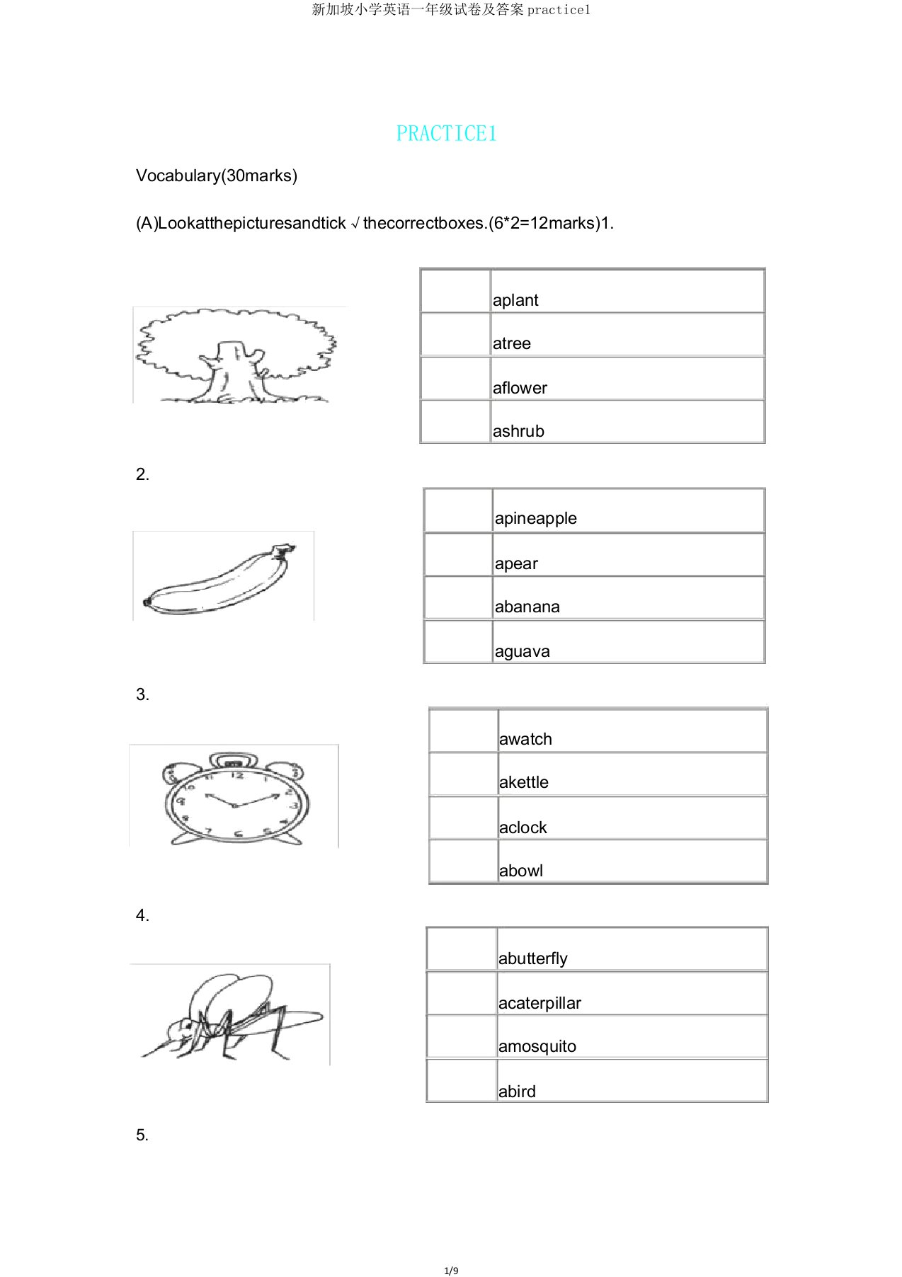 新加坡小学英语一年级试卷及practice1