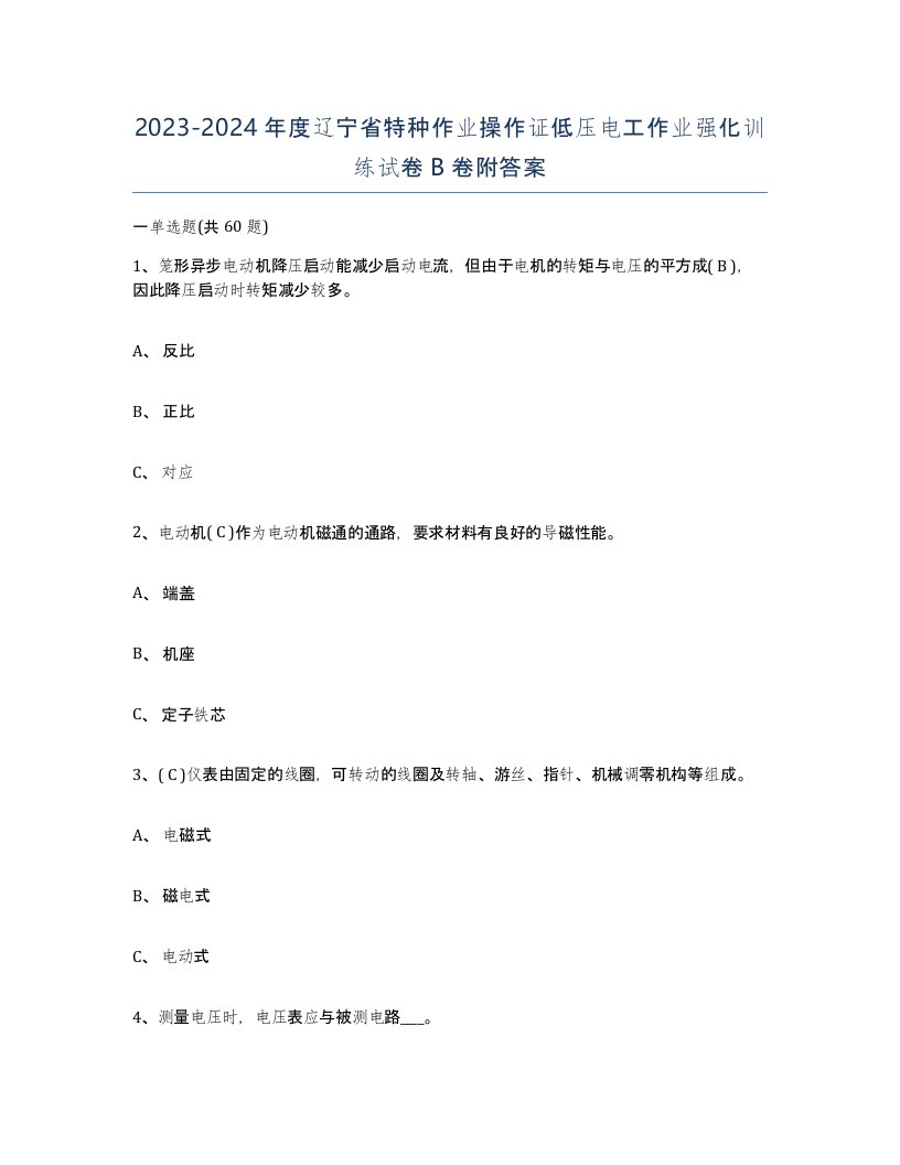 2023-2024年度辽宁省特种作业操作证低压电工作业强化训练试卷B卷附答案