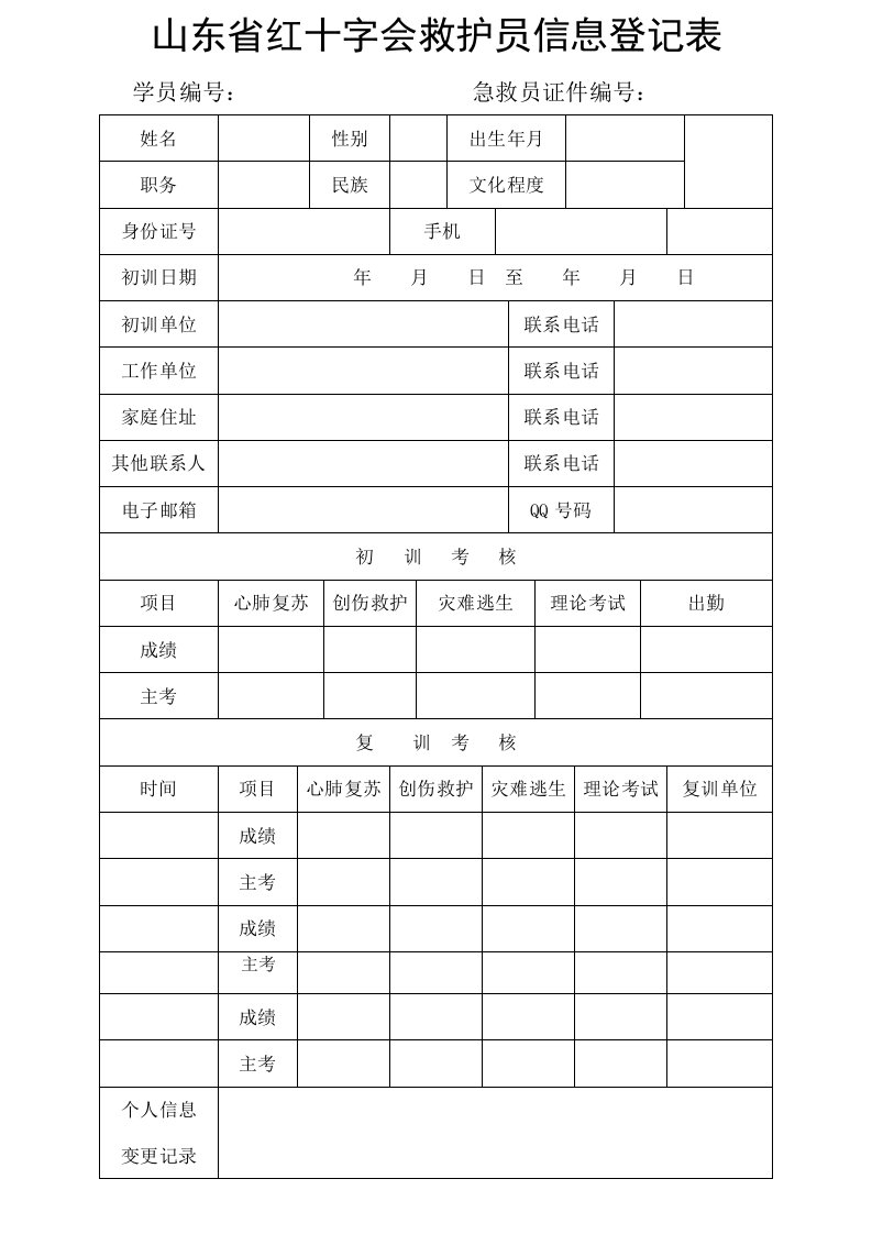 山东红十字会救护员信息登记表