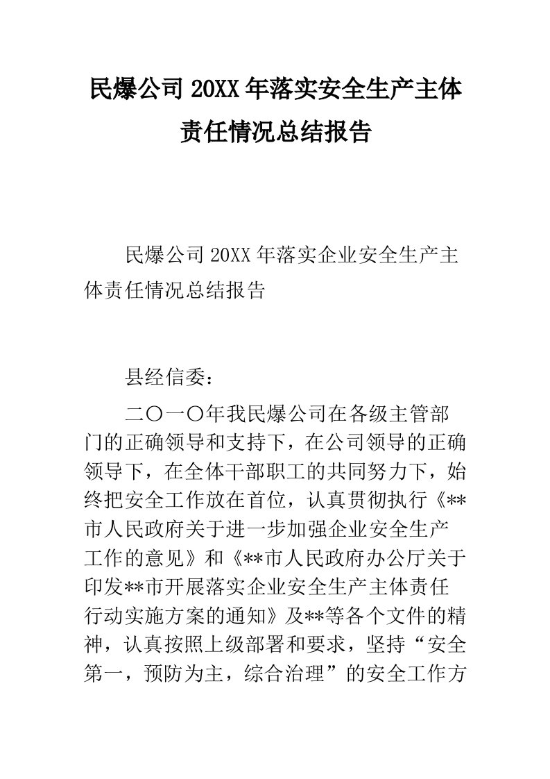 民爆公司落实安全生产主体责任情况总结报告