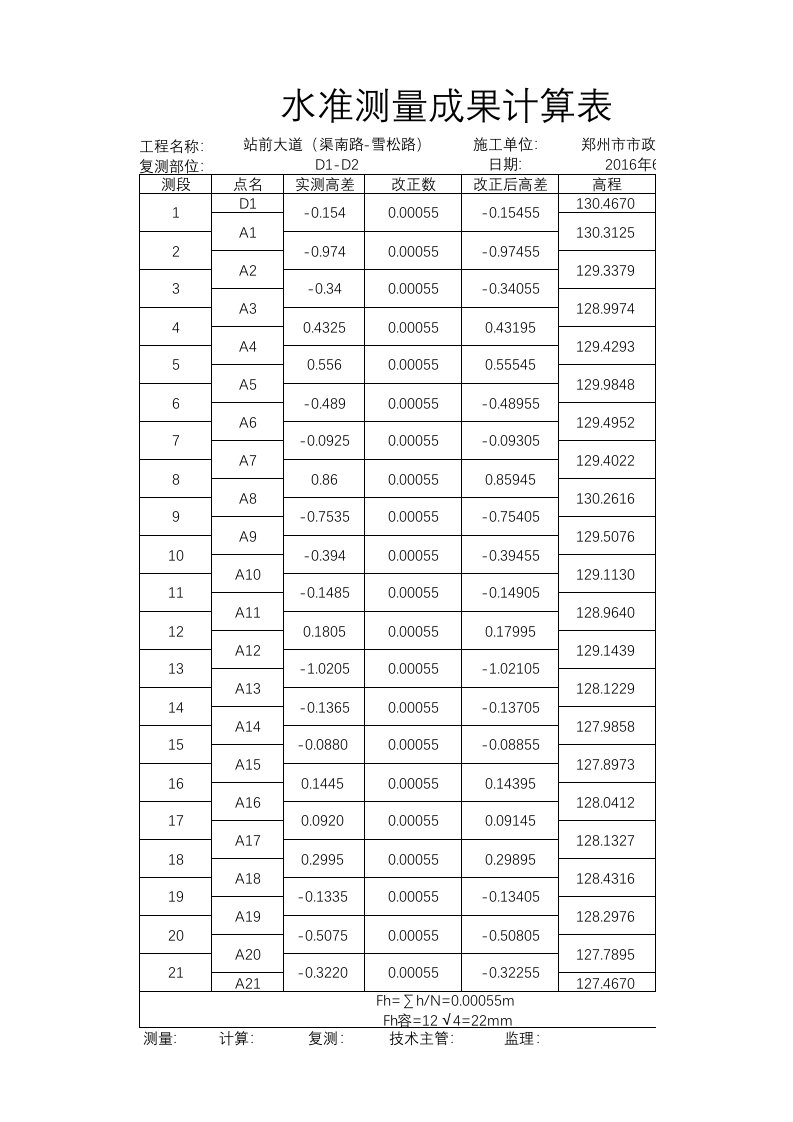 水准测量成果计算表