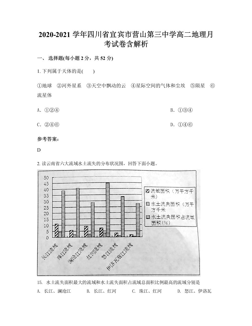 2020-2021学年四川省宜宾市营山第三中学高二地理月考试卷含解析