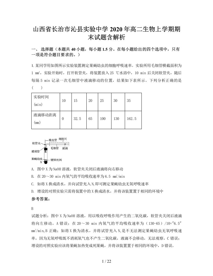 山西省长治市沁县实验中学2020年高二生物上学期期末试题含解析