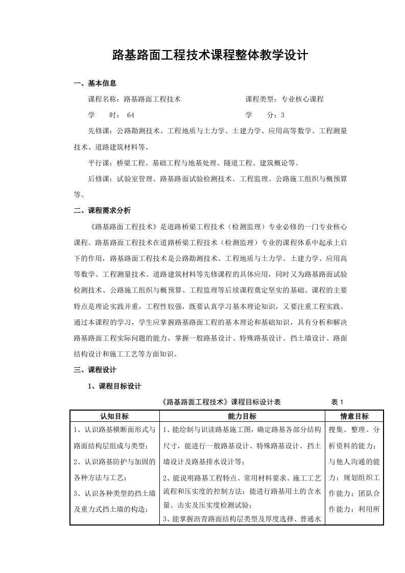 《路基路面工程技术》课程整体教学设计